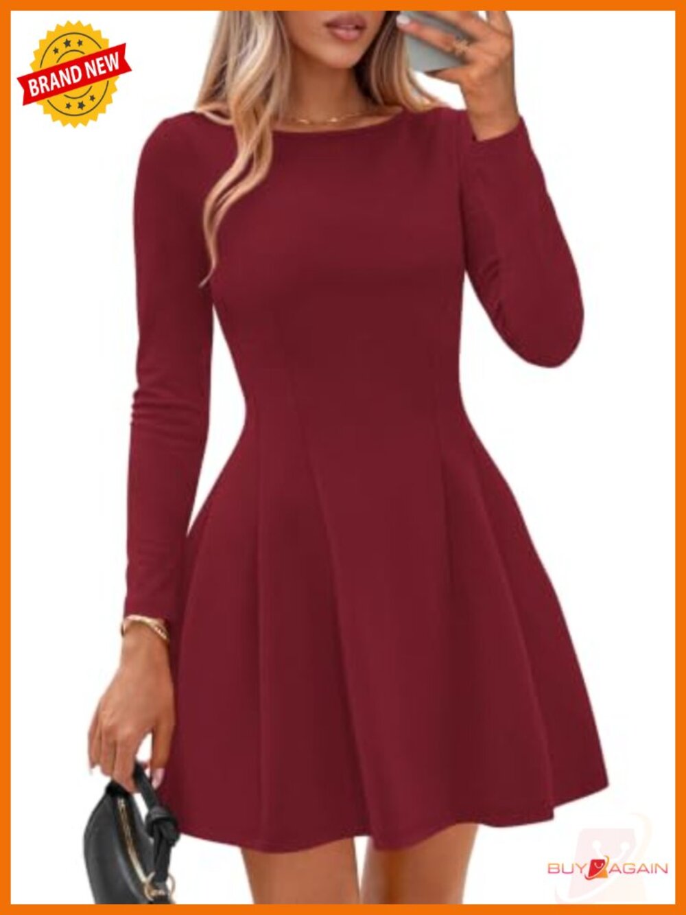 IWD Women's Long Sleeve Boat Neck A-Line Mini Dress Casual Cocktail Party